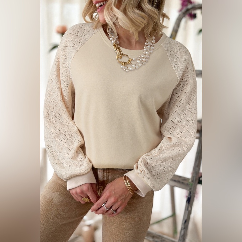 Parchment Eyelet Knit Patchwork Raglan Sleeve Pullover Balloon Sleeve Bohemian